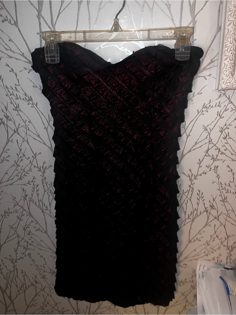 NWT SMALL Strapless Black and Deep Red Textured Cocktail Dress